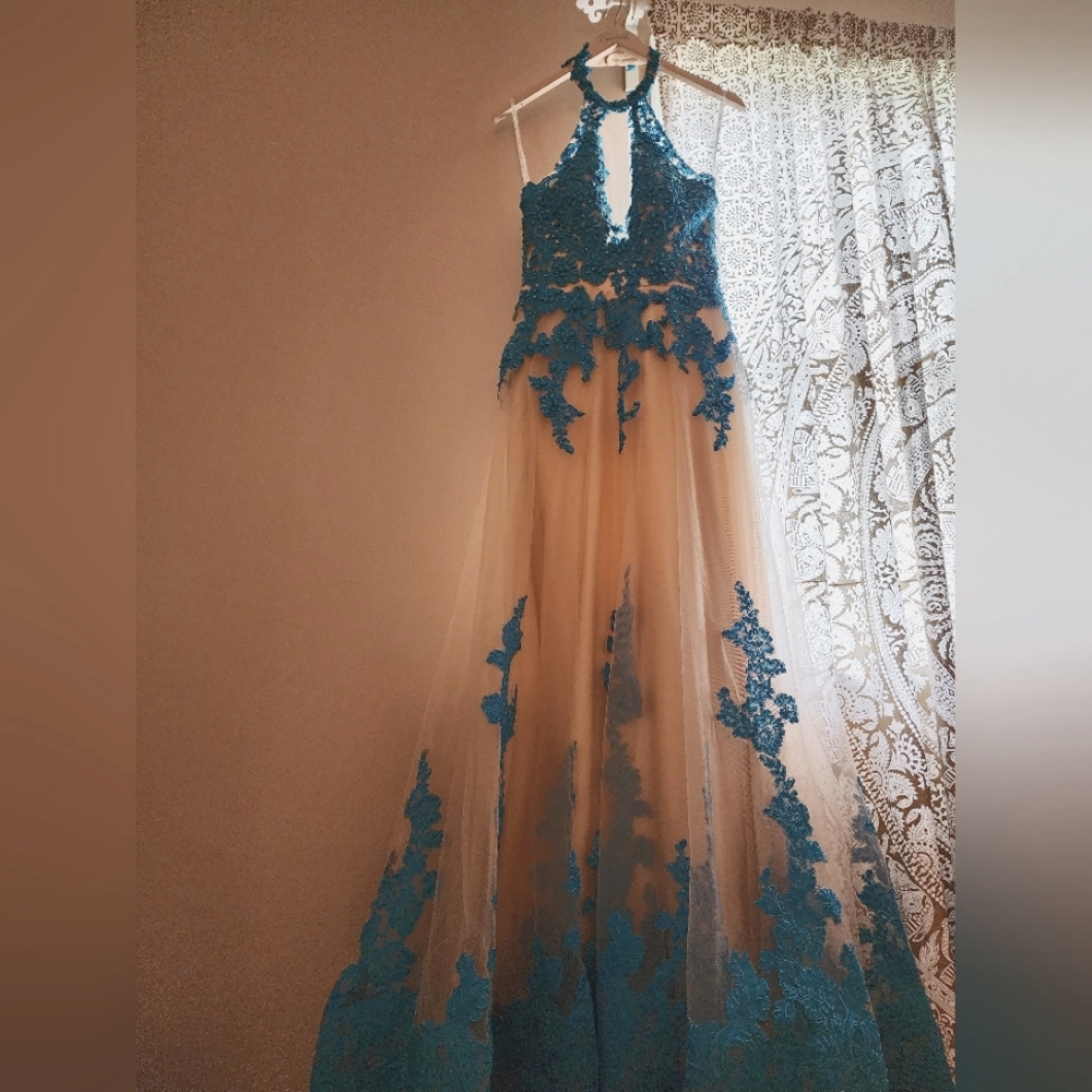 Dreamy Nude Lace/Net Gown with Turquoise Blue Stones